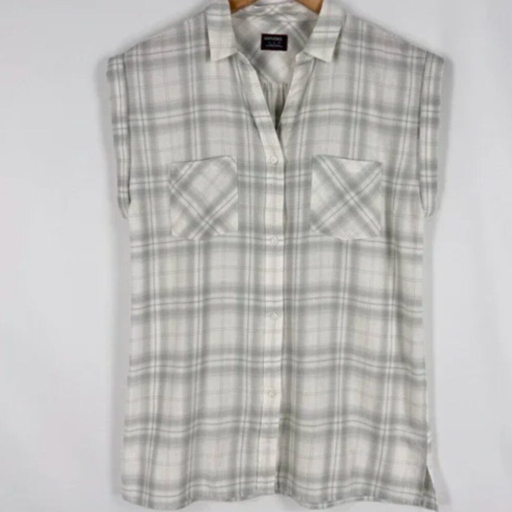 Untuckit Shirt Women's 2 Gray White Plaid Villefranche Button Down NWT